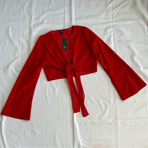wild fable Tops - Brand New!! Wild Fable | Red Velvet Textured Front Tie Crop Top with Flowers